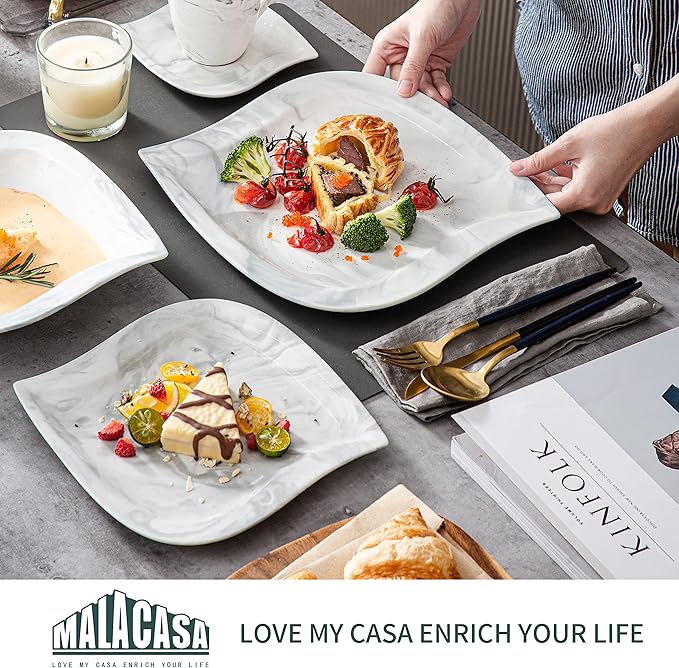 MALACASA FLORA 30 Piece Marble Grey Square Dinnerware Sets Bundle With ELVIRA 30 Piece Grey Dinner Set