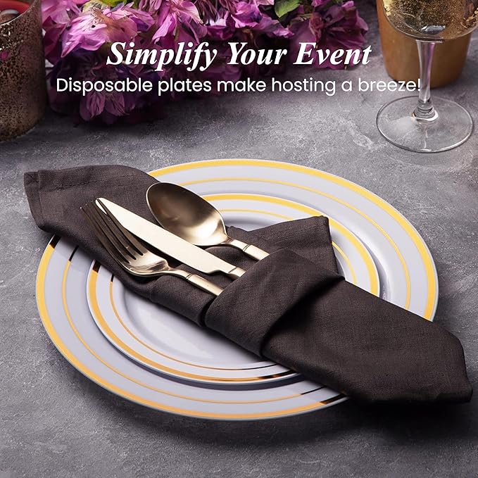 Aya's 60 Pack Heavy Duty Plastic Plates with Gold Rim - 30 Each of 10 Dinner and 7.5 Appetizer White Disposable Plates - Elegant Fancy Plastic Plates for Party Weddings and Special Events