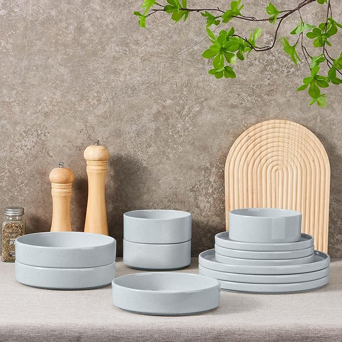Herogo Stoneware Dinnerware Set with Salad Bowls 24 Piece Kitchen Dinner Dish Set for 6 Plates and Cereal Pasta Bowls Chip &amp Scratch Resistant Dishware Speckled Light Gray