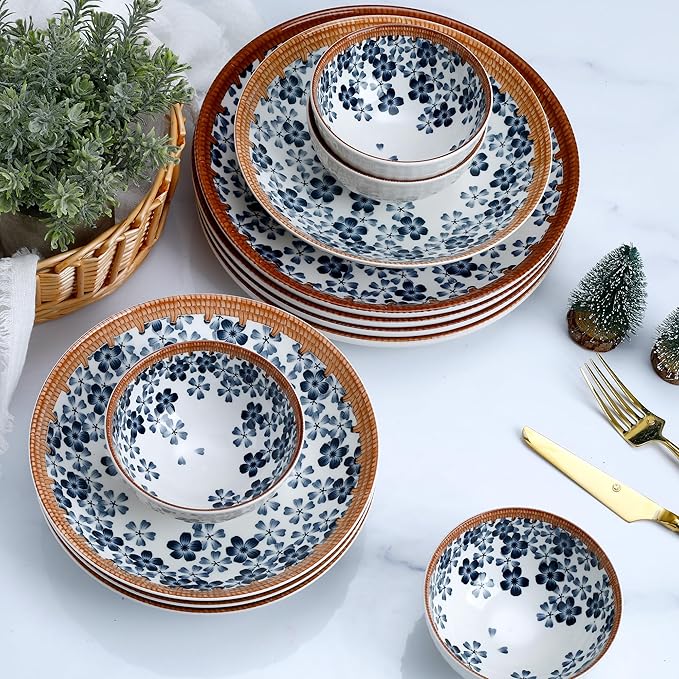 12-Piece Cherry Blossom Dinnerware Set Japanese Sakura Porcelain Plates &amp Bowls Service for 4 Microwave and Dishwasher Safe