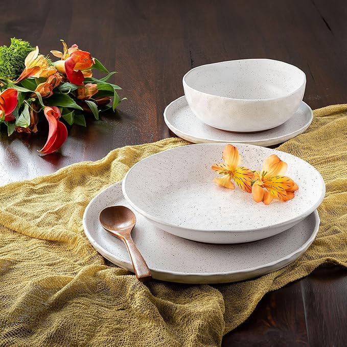 Sango 16-Piece Boho Farmhouse Stoneware Dinnerware Set for 4 Semi-Matte White Plates and Bowls Sets with Rustic Speckled Glaze Ceramic Dish Set Modern Dishes Microwave &amp Dishwasher Safe Kaya