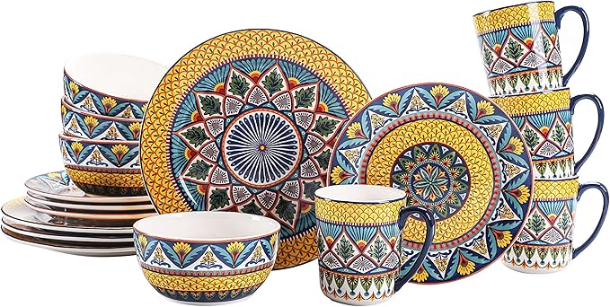 Bico Havana Ceramic 16 pcs Dinnerware Set Service for 4 Inclusive of 11 inch Dinner Plates 8.75 inch Salad Plates 26oz Cereal Bowls and Mugs for Party Microwave &amp Dishwasher Safe