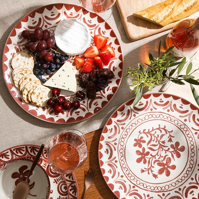 Bloomhouse - 2-Time Oprah’s Favorite Things - Valencia Flor 2 Piece 13” Serving Platter Set Stoneware Platters Mediterranean Floral Decal Design Microwave &amp Dishwasher Safe Pomegranate Red