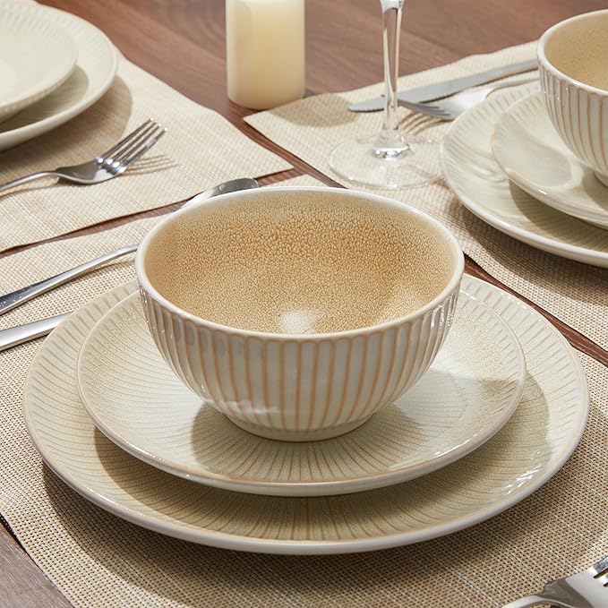 Ceramic Dinnerware Sets for 4 12 Pieces Embossed Stoneware Plates and Bowls Sets Scratch Resistant Dish Sets Distinctive Granulated Surface Housewarming Wedding Gift Brown