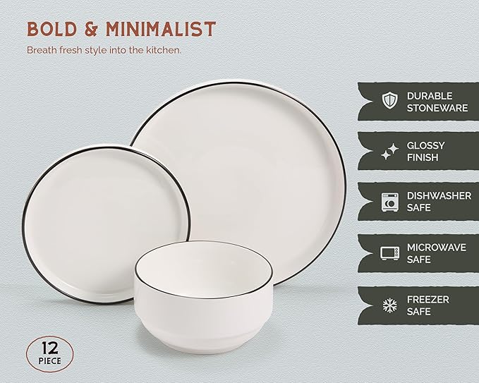 Ceramic Dinnerware Set 12-Piece Service for 4 Round Microwave and Dishwasher Safe Cambridge Classics (French)