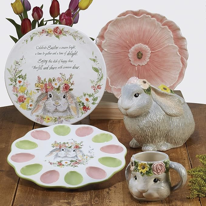 Sweet Bunny 16pc DINNERWARE SET for 4 Ceramic Easter Bunny Plates and Bowls Set Spring Tabletop Collection Durable Glazed Finish Dishwasher Safe Re-Mailer Packaging