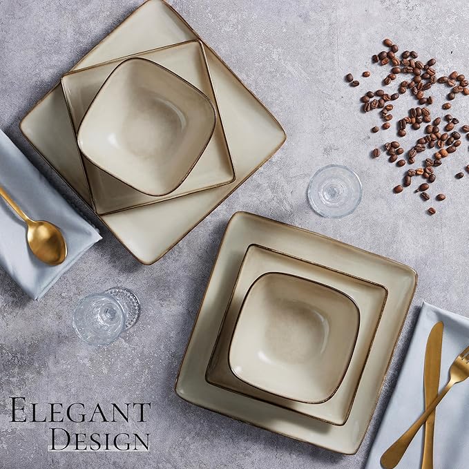 Vesteel 12 Pieces Square Dinnerware Sets Ceramic Plates and Bowls Sets for 4 Handmade Reactive Glaze Dishes Set for Kitchen Dining Microwave &amp Dishwasher Safe Khaki