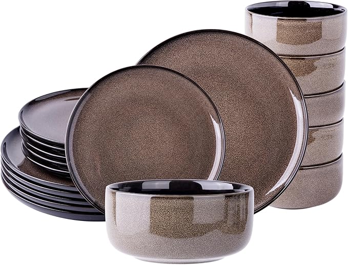 LeRatio Ceramic Dinnerware Sets for 6Poreclain Plates and Bowls SetsHandmade Reactive Glaze Dishes SetChip Resistant and Scratch Resistant | Oven&ampDishwasher &amp Microwave Safe-Chestnut(18PCS)