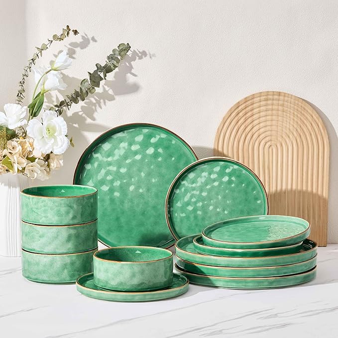 Herogo 12 Pieces Dinnerware Dish Sets for 4 Plates and Bowls Sets for Home Kitchen Ceramic Dining Dishware Dishwasher &amp Microwave Safe Gemstone Green