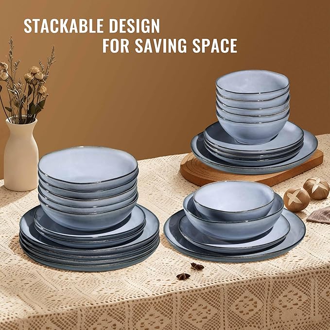 Herogo Stoneware Dinnerware Sets for 6 24 Piece Ceramic Dinner Dishes Set Irregular Handmade Plates and Bowls Dishware Crack and Scratch Resistant Reactive Glaze Smoky Blue