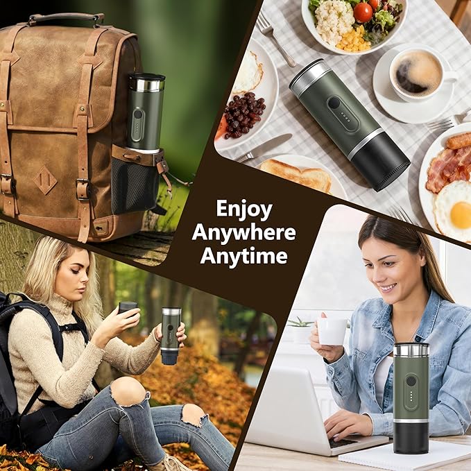 Portable Electric Espresso Machine Self-Heating Travel Coffee Maker with USB-C Compatible with Ground Coffee &amp NS Capsules Ideal for Camping Car RV Hiking &amp Office (Army Green)