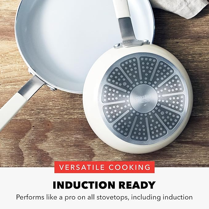 GreenPan x Bobby Flay 13 Piece Cookware Pots and Pans Set and 8 Chef's Knife. PFAS &amp PFOA-Free Ceramic Nonstick Induction Suitable Stay-Cool Silicone Handle Dishwasher &amp Oven Safe Cream