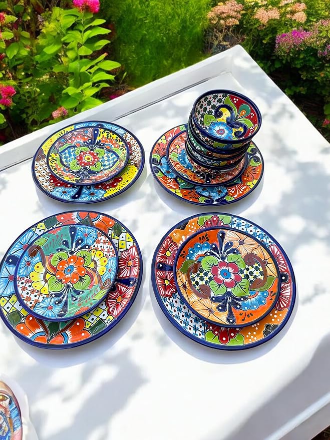 16-Piece Talavera Dinnerware Set | Hand-Painted Mexican Pottery with 4 Large 11.5” Plates 4 Small 8” Plates 4 Bowls and 4 Mugs | Unique Artisan-Made Ceramic Dish Set