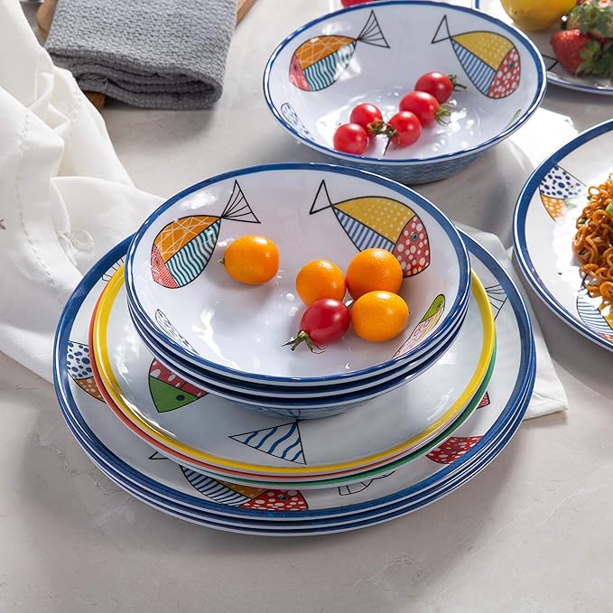 Melamine Dinnerware set for 4 Plates and Bowls Sets Great for Camper RV Indoors Outdoors Use with Ocean Printed Unbreakable