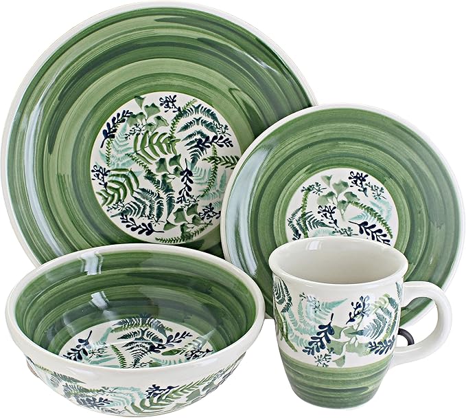 Blue Rose Polish Pottery - Green Floating Fern 16 Piece Dinner Set - 4 Place Settings - Great for Everyday Dining Casual Dining or as Formal Dinnerware