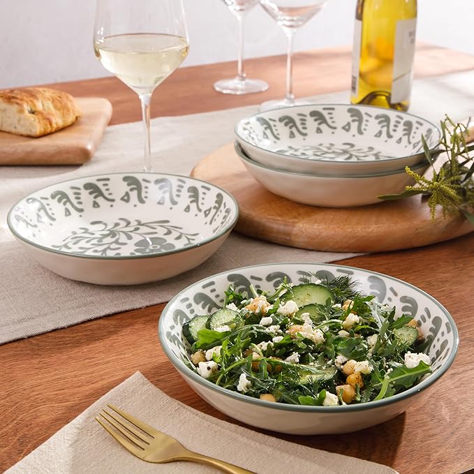 Bloomhouse - 2-Time Oprah’s Favorite Things - Valencia Flor 4 Piece Dinner Bowl Set 8” Stoneware Pasta Bowls Mediterranean Floral Decal Design Microwave &amp Dishwasher Safe Fern Green