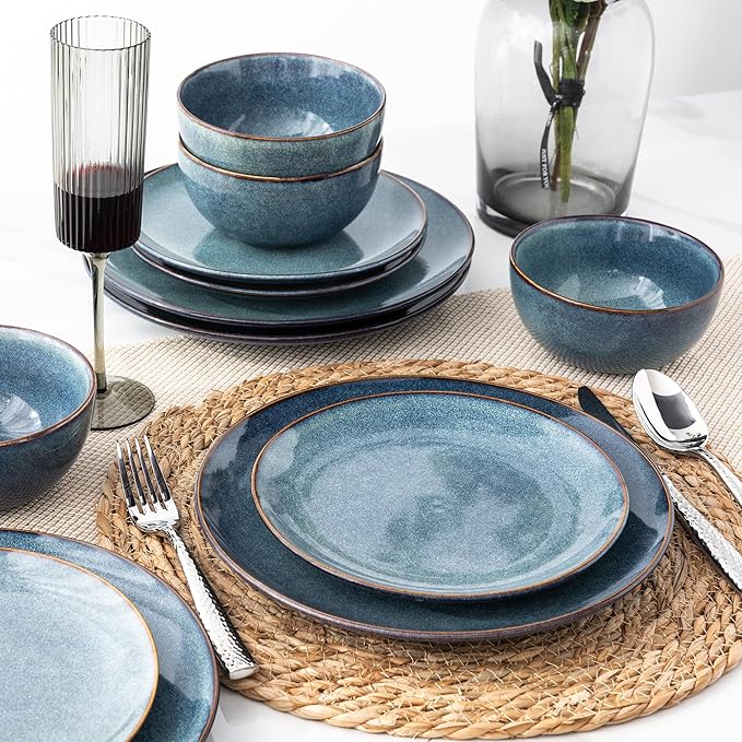 AmorArc Ceramic Dinnerware Sets for 4 12 Pieces Handpainted Plates and Bowls Set with Reactive Glaze Scratch Resistant Stoneware Dishes Set Dishwasher &amp Microwave Safe (16pc)