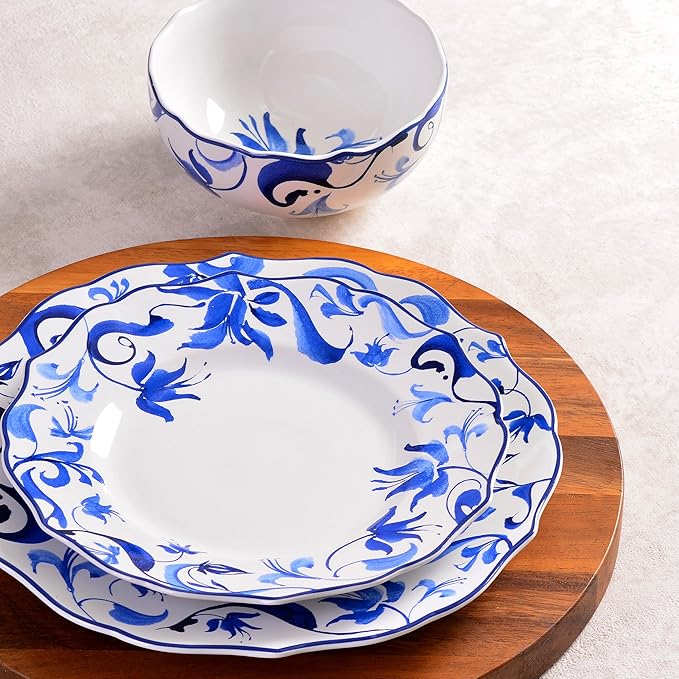 222 Fifth 12-Piece Porcelain Dinnerware Set for 4 Blue &amp White Plates and Bowls Set Glossy Ceramic Dish Set with Beautiful Floral Rims Elegant Kitchen Dishes Microwave &amp Dishwasher Safe A