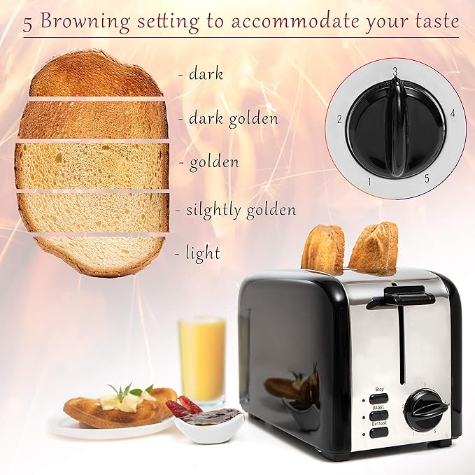 Moss &amp Stone 2 Slice Toaster 1.5in Extra-Wide Slot For Bagel &amp Defrost with 5 Shade Settings Bread Toaster 2 Slice With Removable Crumb Tray Black