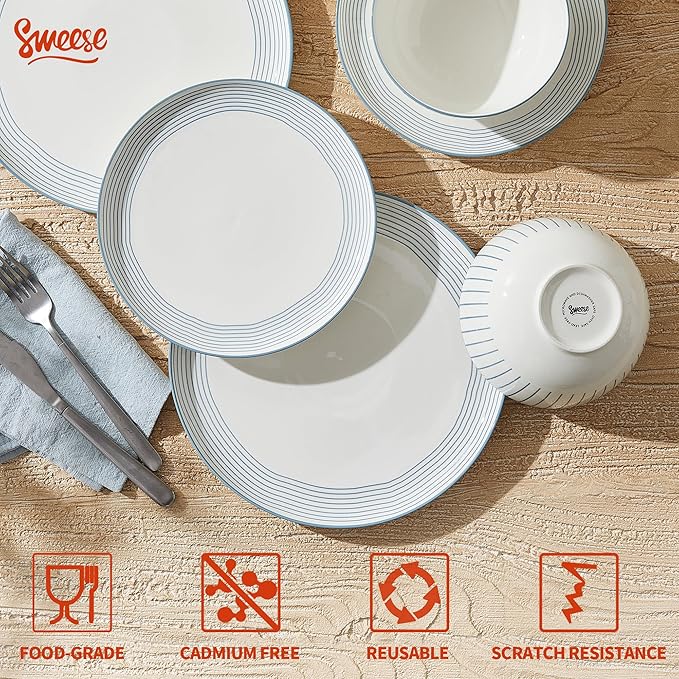 Sweese Lightweight Dinnerware Sets Plates and Bowls Set for 6 18 Pieces Stripe Dishes - Chip and Scratch Resistant Microwave and Dishwasher Safe Porcelain Dinner Sets Blue
