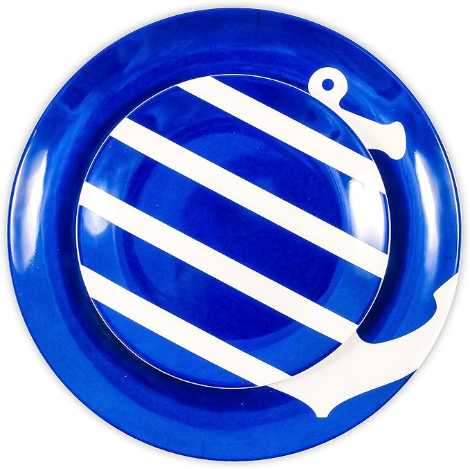 Camco 12 Piece Melamine Dishware Set - Features Blue and White Nautical Design - Includes 4 Bowls 4 Salad Plates &amp $ Dinner Plates - Dishwasher Safe Dish Set (41951) (Pack of 2)