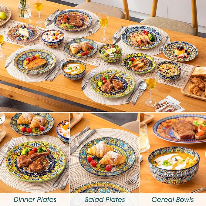 vancasso Plates and Bowls Sets12-Piece Porcelain Dinnerware Set Service for 4 Bohemian Style Dishes Set for 4 Kitchen Dinner Set Microwave and Dishwasher Safe Scratch Resistant Series KRVI