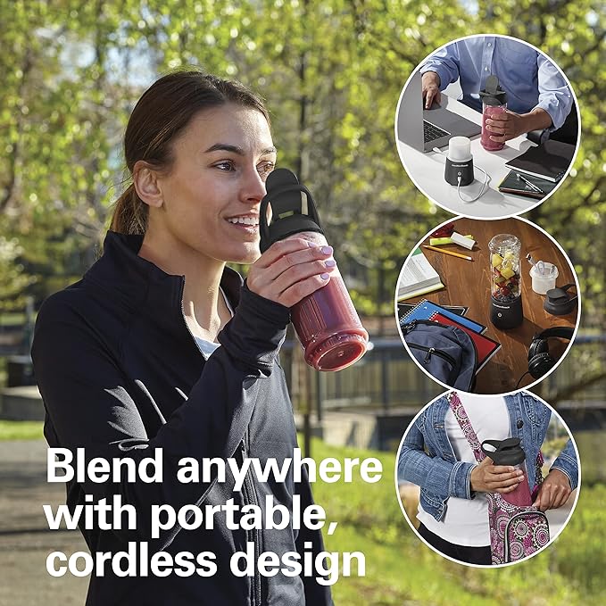 Hamilton Beach Mini Cordless Portable Personal Blender for Shakes and Smoothies USB Rechargeable 16 oz. Jar with Leakproof Travel Lid 6 Stainless Steel Blades Black (51180)