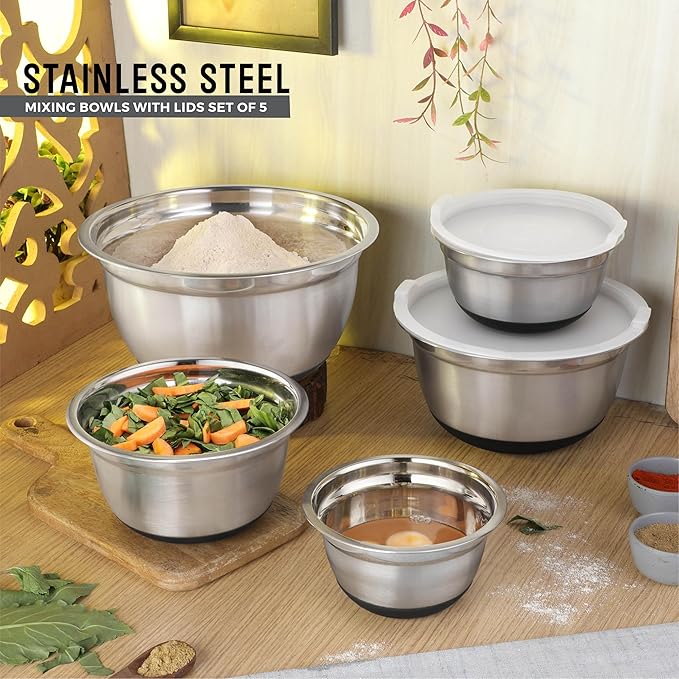 Avador Premium Stainless Steel Mixing Bowls with Lids Non-Slip Set of 5 Mixing Bowl Set with Silicone Base Space Saving Great for Cooking Baking Prepping (0.25qt 1qt 1.5qt 3qt 5qt)