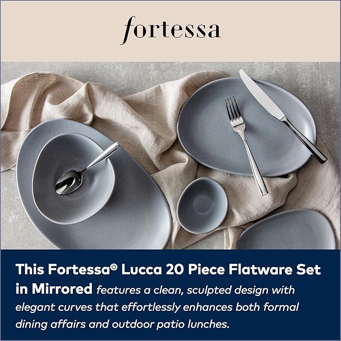 FORTESSA Lucca 18/10 Stainless Steel Flatware 20 Piece Place Setting With Table Knives Forks and Spoons (Service For 4) Dishwasher Safe Polished