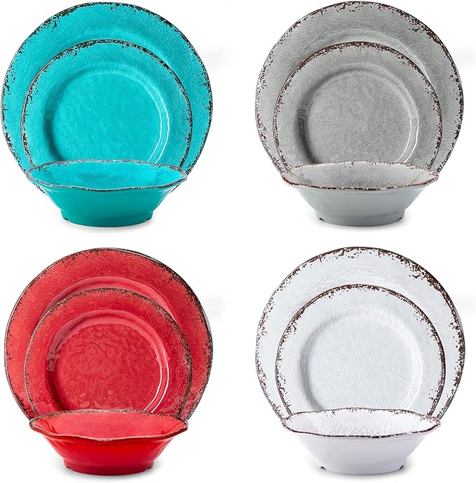 LEHAHA BPA Free Rustic Melamine Plate and Bowl Dinnerware Set Perfect for Indoor Outdoor Dining Party Camping 12 Piece Unbreakable Dinnerware Set Service for 4