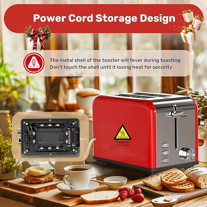 YSSOA Stainless Steel Toaster 2 Slice with Extra Wide Slot &amp Removable Crumb Tray 6 Shade Settings and Bagel/Defrost/Cancel Functions Compact Oven for Various Bread &amp Waffle Red New