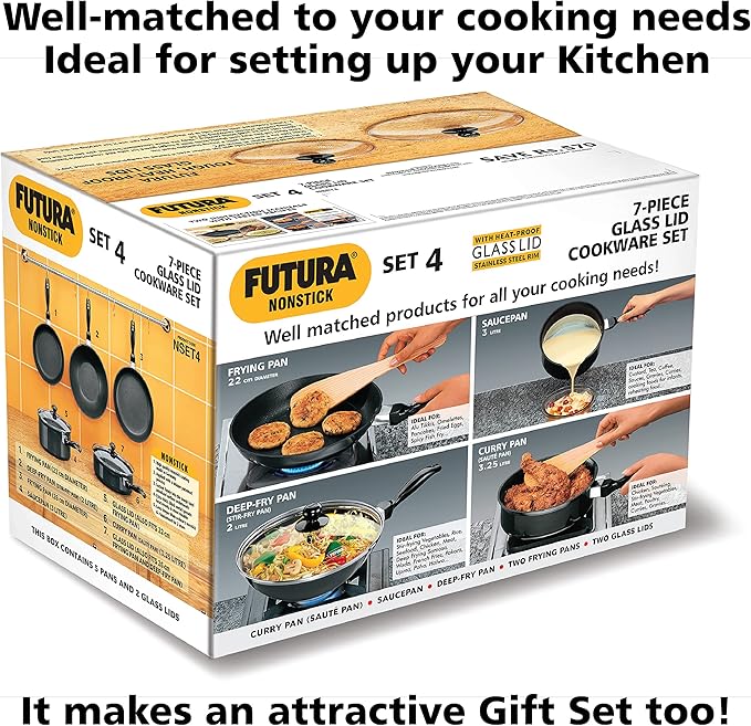 HAWKINS Futura Non-Stick Cookware 7 Pieces Set (QS5) 2 LTR 3 LTR 3.25 LTR Black (NSET4)