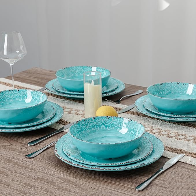 12-Piece Farmhouse Dinnerware Set set of 4 100% Melamine Dishes Serving Set with Plates and Bowls Non-breakable and Lightweight Dinner Set for indoor and outdoor entertaining Light Teal