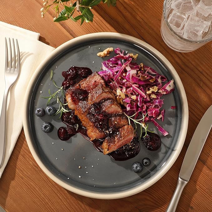 Gibson Elite - Made in Portugal - Port Gaia 12 Piece (Service for 4) Plates and Bowls Reactive Glaze Dishes Stoneware Ceramic Dinnerware Set - Blue