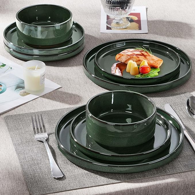 Herogo 12 Pieces Stoneware Dinnerware Set for 4 Ceramic Dinner Dishware Sets for Home Kitchen Plates and Bowls with Rustic Terracotta Bottom Dishwasher &amp Microwave Safe Dark Green