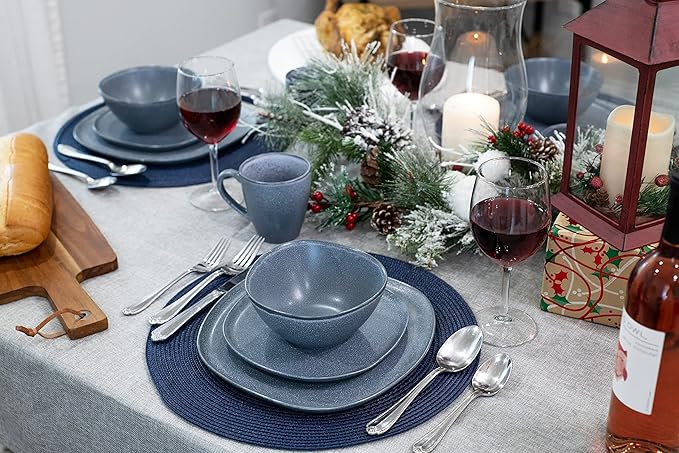 Elanze Designs 16-Piece Modern Luxury Chic Smooth Vintage Handmade Shape Matte Finish Ceramic Stoneware Square Plate Mug &amp Bowl Kitchen Dinnerware 16 Piece Set - Service for 4 Dove Grey