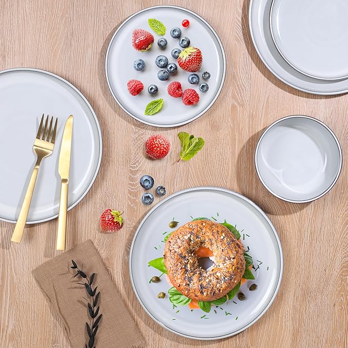 E-far Stoneware Dinnerware Sets for 6 18 Pieces Reactive Glaze Plates and Bowls Sets Elegant Dishes with Rustic Terracotta Clay Base Dishwasher &amp Microwave Safe Scratch Resistant Glacier Whit