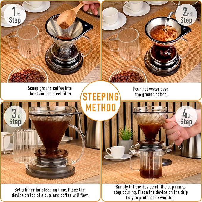 Pour Over Coffee Maker – Borosilicate Glass Dripper with Stainless Steel Reusable Filter Manual Eco Brewer Plastic-Free Non-Toxic Coffee Station Innovation Infuser for Daily Brewing