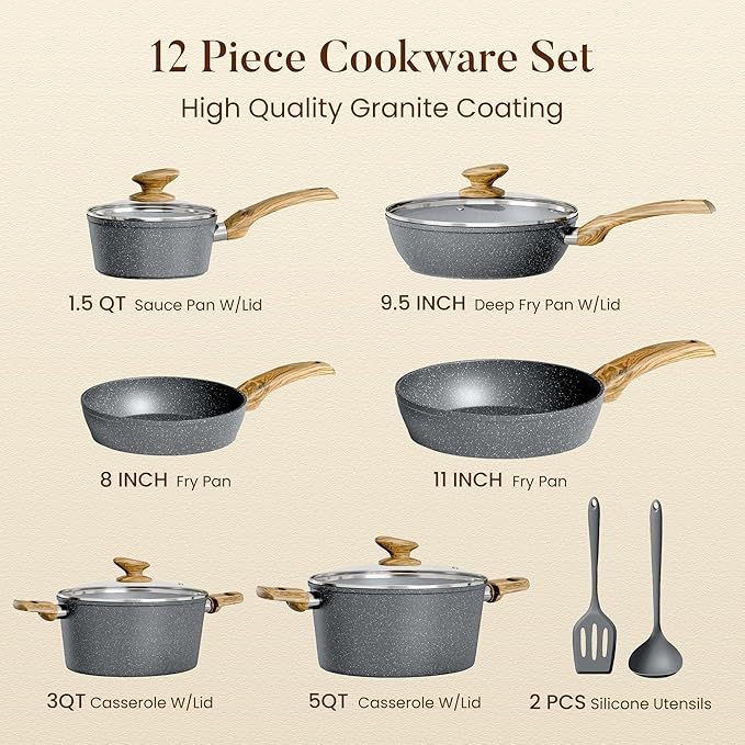 Kitchen Academy Induction Cookware Sets - 12 Piece Gray Cooking Pan Set Granite Nonstick Pots and Pans Set