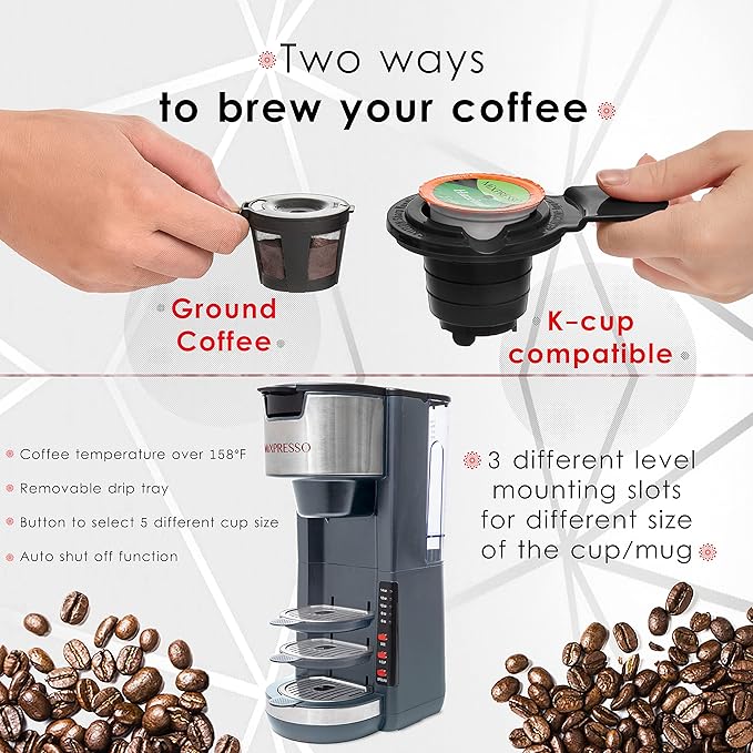 Mixpresso Gray Single Serve Coffee Brewer K-Cup Pods Compatible &amp Ground 30 oz Compact Coffee Maker Single Serve With 5 Brew Sizes Up To 14 Oz Fits Travel Mug Adjustable Drip Tray