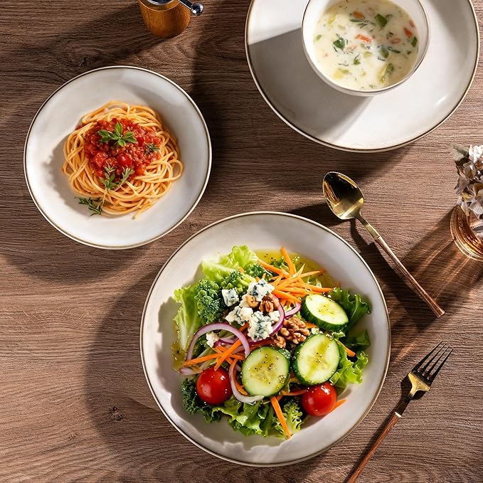 AmorArc Stoneware Dinnerware Sets for 6 18 Pieces Handpainted Ceramic Plates and Bowls Set Scratch Resistant Dishes Set Dishwasher &amp Microwave Safe Cappuccino