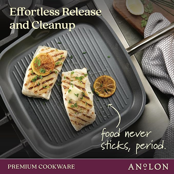 Anolon Accolade Forged Hard Anodized Nonstick Square Grill Pan/Griddle with Spouts 11 Inch - Moonstone Gray