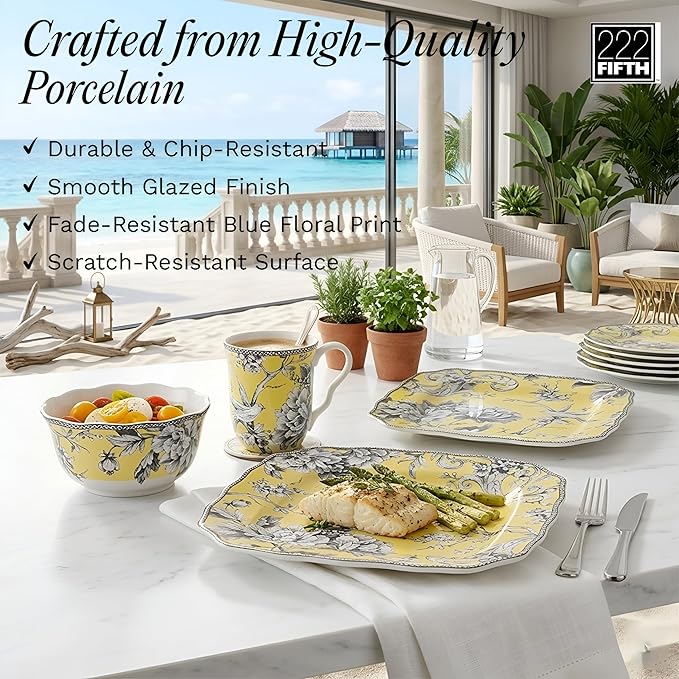 222 Fifth Adelaide 16-Piece Square Floral Dinnerware Set – Service for 4Yellow Porcelain Big Dinner Plates and Bowls Sets for Everyday Entertainment Microwave &amp Dishwasher Safe Chip Resistant
