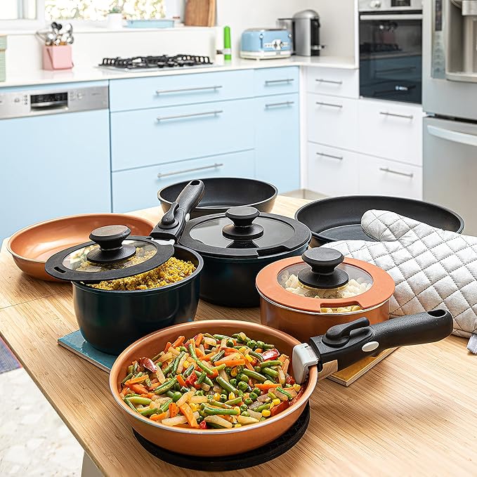 Moss &amp Stone Aluminum Pots And Pans Set Nonstick Removable Handle Cookware Stackable  Dishwasher Safe Induction Camping Cookware Set. (10 Pieces Blue)