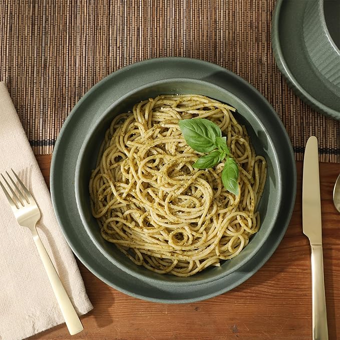 Gibson Elite Deerfield 16-Piece Stoneware Dinnerware Set – Matte Green Stackable Plates and Bowls Reactive Glaze Finish Service for 4 – Microwave &amp Dishwasher Safe