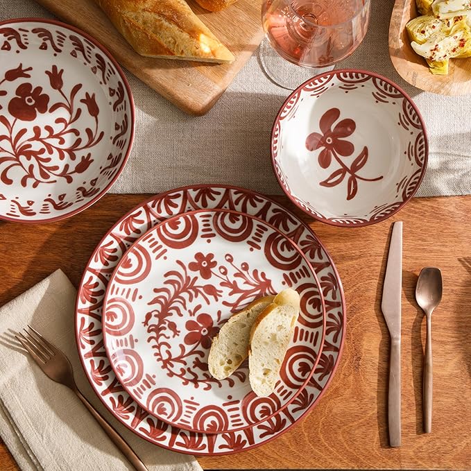 Bloomhouse - 2-Time Oprah’s Favorite Things - Valencia Flor 16 Piece Dinnerware Set Artisanal Decorated Stoneware Plates &amp Bowls Service for 4 Microwave &amp Dishwasher Safe Pomegranate Red