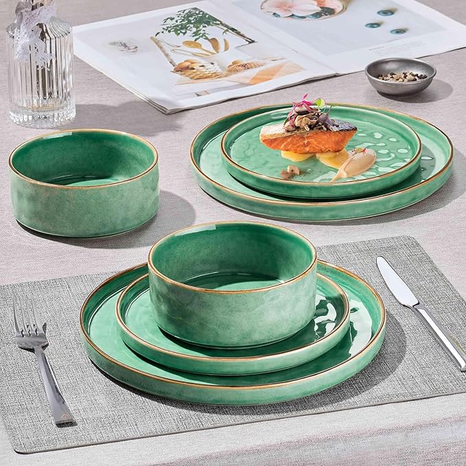 Herogo 12 Pieces Dinnerware Dish Sets for 4 Plates and Bowls Sets for Home Kitchen Ceramic Dining Dishware Dishwasher &amp Microwave Safe Gemstone Green