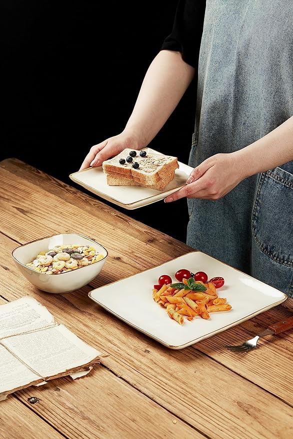 Famiware Ocean Square Plates and Bowls Sets for Kitchen 16-Piece Dinnerware Sets for 4 Microwave and Dishwasher Safe Vanilla White
