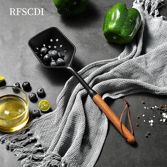Exquisite Silicone Cooking Utensils Set - Non-Toxic Heat-Resistant Kitchen Utensils Set with Food-Grade Silicone &amp Wood Handles - Includes Spatula &amp Spoon for Non-Stick Cookware Black