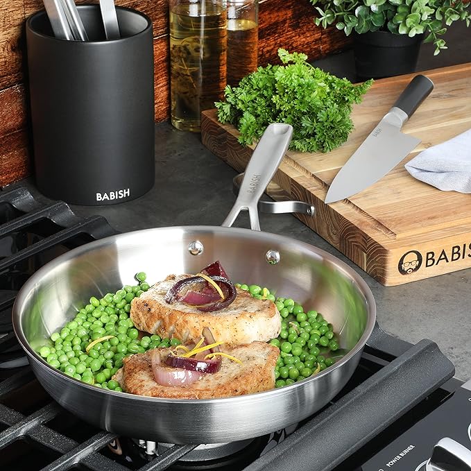 Babish 10-Inch Tri-Ply Stainless Steel Frying Pan – Professional Grade Skillet for Searing Sautéing &amp Everyday Cooking